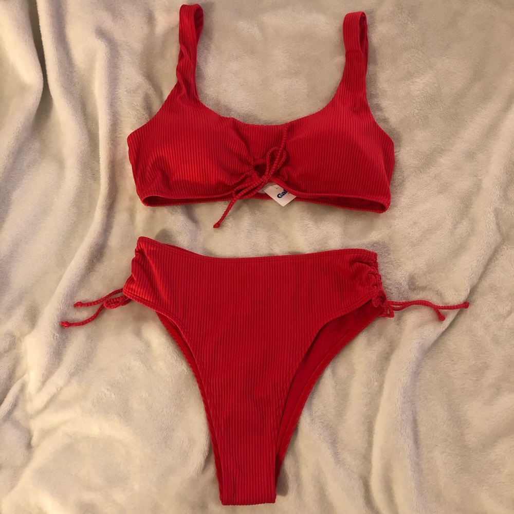 Express Red Ribbed Bikini Set